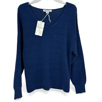 Suéter para mujer Tommy Bahama M lentejuelas acentuadas azul marino cuello en V manga larga Foto 1 de 4