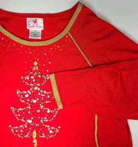Quacker Factory Women’s 3X Red Christmas Tree Embellished Sweater Top Gold Trim - Picture 1 of 5