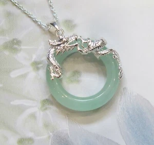 Lucky Grade A Natural Green Jade & 925 Sterling Silver Chinese Dragon Pendant - Picture 1 of 2