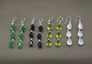 3 Teardrop Gemstone Earrings 925 Sterling Silver Women Jewelry Gift for Her - Picture 1 of 13