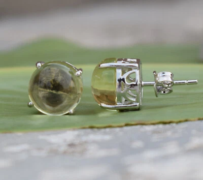 Brincos cabochão redondos de prata esterlina 925 verde natural ametista 10 mm - Imagem 1 de 4