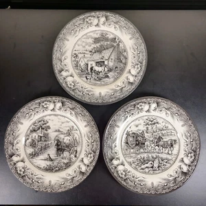 3-Pc Royal Stafford Black 8.5" Salad Plates - Blacksmith Forge Hayride Coaching - Picture 1 of 7