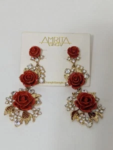 Amrita Singh Women's Coral Red Rose Lyon Floral 3D Crystal Earrings ERC 849 - Picture 1 of 9