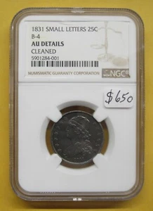 Busto tapado 1831 cuarto de plata letras pequeñas NGC AU detalles limpios echa un vistazo - Imagen 1 de 2