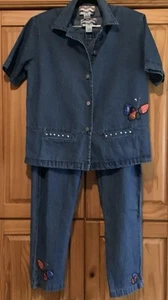 Denim Women’s Small Jeans 3 Piece Set Top Jacket Butterfly Appliqués Hippy Vtg - Picture 1 of 18