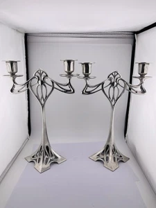 Paar (2) Beeindruckende Jugendstil-Kerzenständer aus Zinn versilbert Art Nouveau - Bild 1 von 11