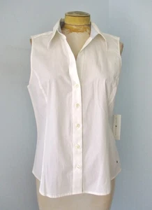Neu mit Etikett Tommy Hilfiger cremeweiß ärmellos Stretch Baumwolle geknöpft Bluse Top 16 - Bild 1 von 6