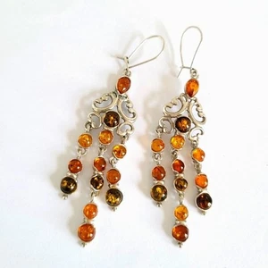 Vintage Boho Yellow Orange Green Baltic Amber Drop Dangle Chandelier Earrings - Bild 1 von 7