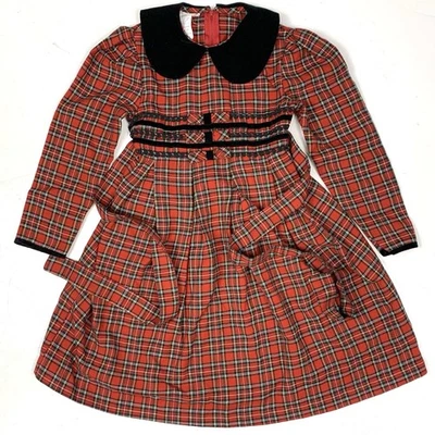 Bonnie Jean Girl Size 6 Red Plaid Dress Velvet Collar Bows Christmas Holiday - Image 1 of 4