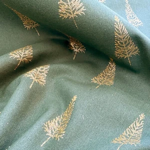 Christmas Fabric - Gold Glitter Shimmer Trees on Green Craft Fabric Material - Picture 1 of 6