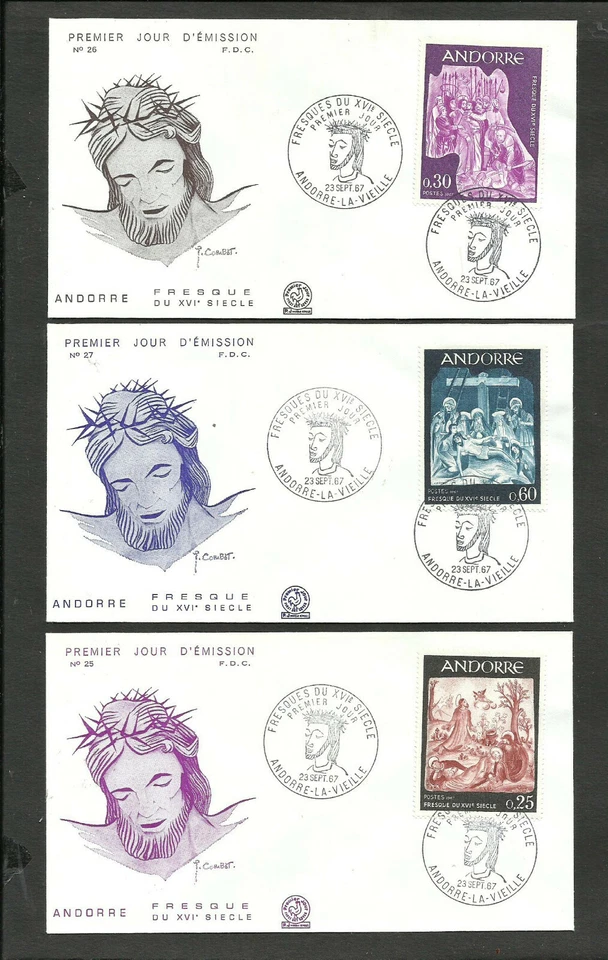 ANDORRA FRENCH BUREAU - PAINTING 1967, 3 DIFFERENT FDC, COMPLETE SET - Image 1 of 1