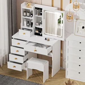 Vanity Table with 3 Color Brightness Sliding Lighted Mirror, Dressing Table Set - Picture 1 of 15