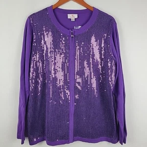 Quacker Factory Cardigan Sweater Womens XL Purple Sequin Full Zip Party Event - Picture 1 of 9