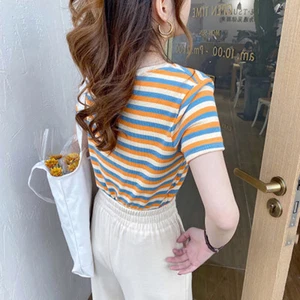 Women Striped Short Sleeve T-shirt Round Neck Tees Casual Summer All-match Tops - Picture 1 of 17