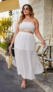 In'Voland Women's 2 Piece Outfit Polka Dots Crop Top and Long Skirt Set - Picture 1 of 4
