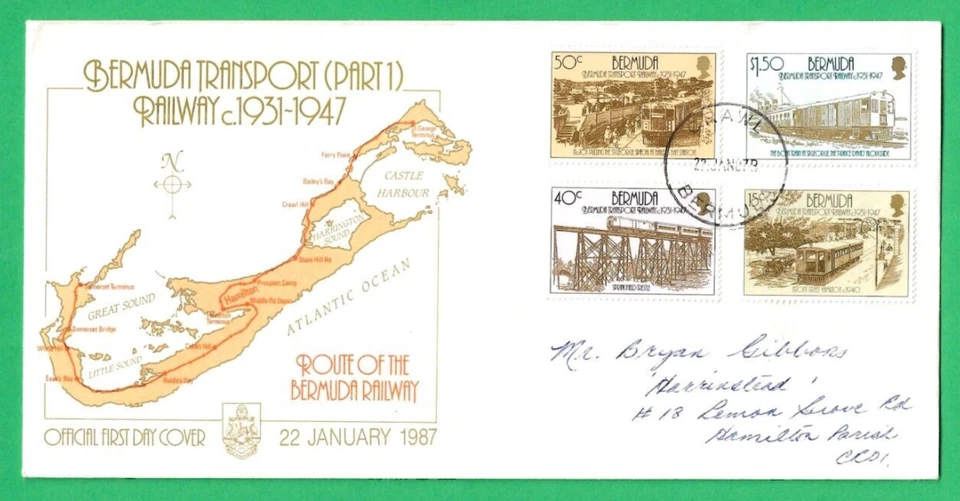 BERMUDAS ~ CUBIERTA PRIMER DÍA ~ TRANSPORTE DE BERMUDAS {PARTE 1} FERROCARRIL ~ 22 DE ENERO DE 1987 Foto 1 de 2