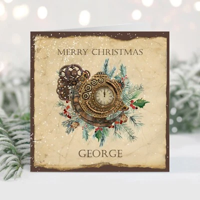 Personalised Steampunk Clock & Cogs Christmas Card - Image 1 of 4