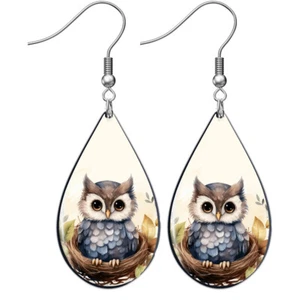 Eule Träne Ohrringe Vogel Baby Eule im Nest Aquarell Kunstdruck Sterlingsilber - Bild 1 von 5