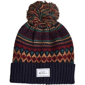 BEN SHERMAN | Mens Navy Blue Fair Isle Cable Knit Bobble Beanie Hat | One Size - Picture 1 of 1