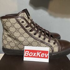 GUCCI High Top Sneakers Brown Leather Beige Canvas 295383 US 10 Free Ship OBO!