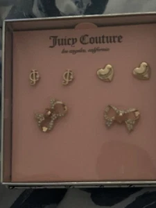Juicy Couture Bows Pink Heart Initials Earrings Set Of 3 JC Dangle Gold NEW - Picture 1 of 4