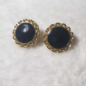 St John Black Round Gold Tone Chain Button Vintage Clip On Earrings - Picture 1 of 4