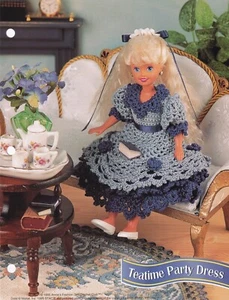 Crochet Pattern 7.5" Fashion Doll TEATIME PARTY DRESS Fancy Ruffled - Picture 1 of 2