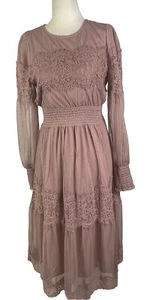 Bluivy Womens Lace Trim Midi Nude Dress Sm Sheer Prairie Cottagecore Milkmaid - Picture 1 of 15