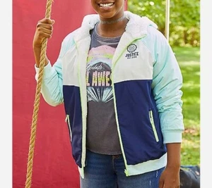 Girls justice Reversible super soft sherpa jacket size 8 navy/aqua colorblock  - Picture 1 of 6