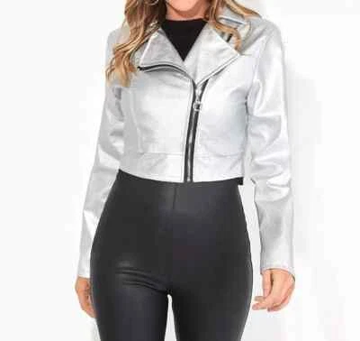Chaqueta corta para mujer de cuero real suave recortada plateada metálica hecha a mano Foto 1 de 4