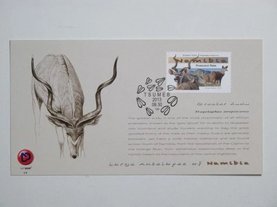 Namibia 2013 Greater Kudu Antelopes Souvenir Card FDC Tsumeb Special Cancel - Image 1 of 2