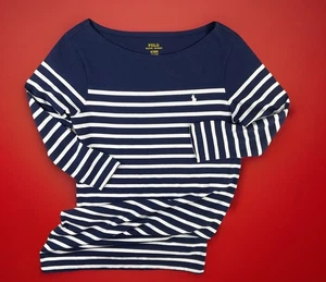 Polo Ralph Lauren Kleid gestreift blau weiß Waffelstrick Langarm U-Boot-Ausschnitt Gr. M - Bild 1 von 7