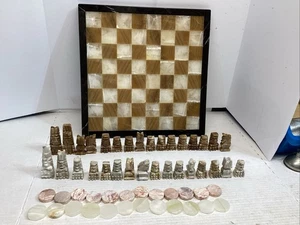 Azteken Schachbrett Schachbrett Spielfiguren grau braun geschnitzter Marmor Onyx 14 Zoll - Bild 1 von 8