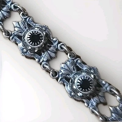 Pulsera Liz Palacios Vintage Panel Intrincado Ónix Negro Tono Plateado Diseño Deco Foto 1 de 4