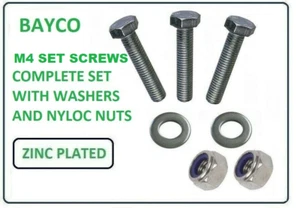 4MM BOLTS & WASHERS & NYLOC NUTS. COMPETE SET. BZP. CHOICE OF LENGTH OF BOLTS. - Picture 1 of 3