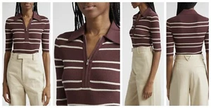 A.L.C Cooper Damen Stretch Streifen Strick Kurzarm Reißverschluss Polo L $ 295 Neu mit Etikett - Bild 1 von 11