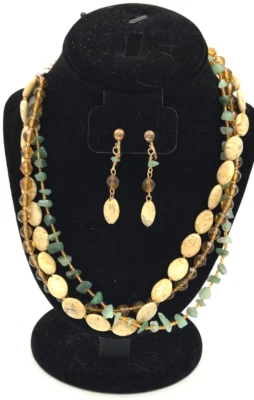 Cookie Lee Multistrand Necklace Jadeite chips and beads matching Clip Earrings - Image 1 of 4
