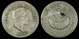 Colombia Simon Bolivar 1963 20 Centavos Large Date Variety KM# 215.2 (26 989) - Foto 1 di 3