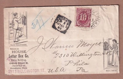 Buzón de correo J26 cubierta publicitaria de Filadelfia 1893 franqueo entrante vencido Foto 1 de 2