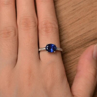 sapphire ring September birthstone Oval cut gemstone sterling silver solitaire  - Image 1 of 4