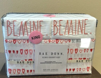 RAE DUNN 4 PC BE MINE RED HEARTS SHEET SET KING New Valentines - Image 1 of 3