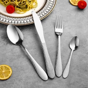16 Piece Premium Stainless Steel Flatware Set with Hammered Pattern Design - Picture 1 of 5