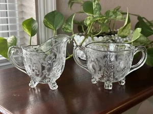 Vintage Elegant Floral Etched Glass Open Cream And Sugar Set - Picture 1 of 11