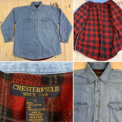 CHESTERFIELD - Vtg Denim Blue Jean Red Fleece-Lined Button-up Shirt, Mens LARGE - Image 1 of 4