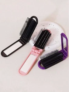 Folding Hair Brush With Mirror Travel Handbag Pocket Size Portable HandyCompact. - Picture 1 of 8