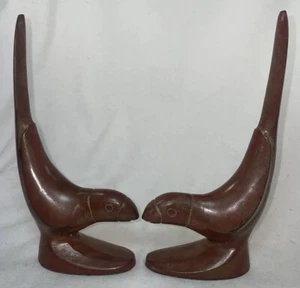 "Estatuilla Art Deco de metal de hierro fundido guacamayo-pájaros 2 loros mediados de siglo 8,5"" MCM" - Imagen 1 de 7