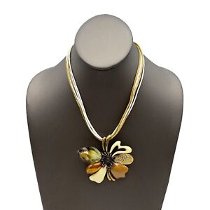 Brass Tone Multi Strand Mixed Material Big Petal Flower Pendant Necklace