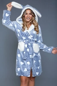 sexy BE WICKED soft PLUSH long SLEEVE knee LENGTH hearts BUNNY ears HOODED robe - Picture 1 of 5