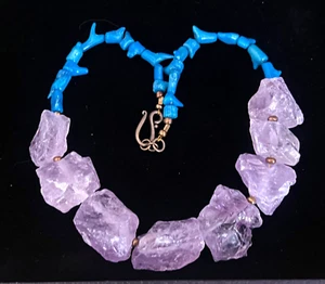 Artisan Necklace Huge Chunky Rough Amethyst Quartz & Blue Coral Beaded Collar - Picture 1 of 4