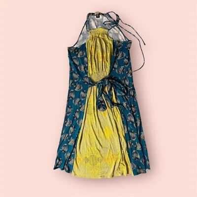 Issa London Dress 100% Silk Sz 4 Blue Yellow Fish Pattern Halterneck Summer - Image 1 of 4
